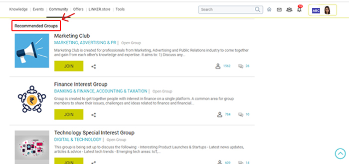 Image showing 'Recommended Groups' under Community feature on GlobalLinker