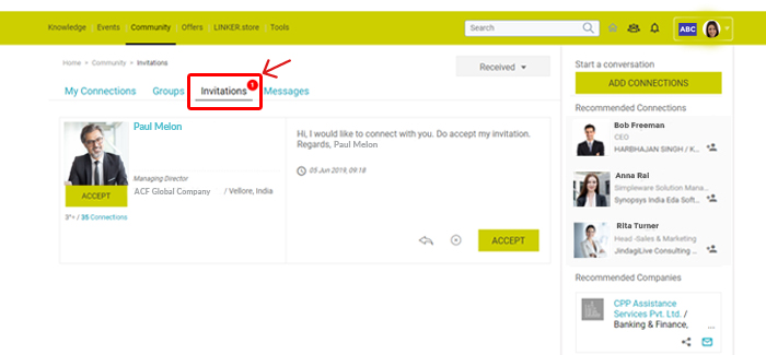Image showing 'Invitations' under Community feature on GlobalLinker