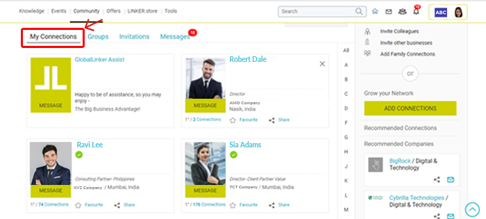 'My Connections' under GlobalLinker's Community feature