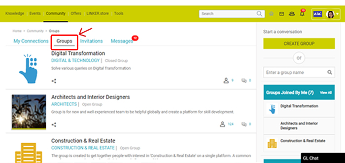 Image showing 'Groups' under Community feature on GlobalLinker