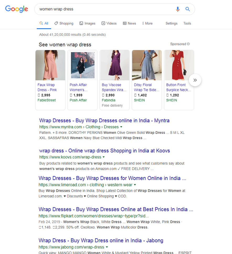 Google search result showing women wrap dresses online