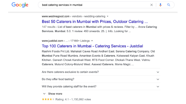 Search results using the keyword ‘best catering services in Mumbai’.