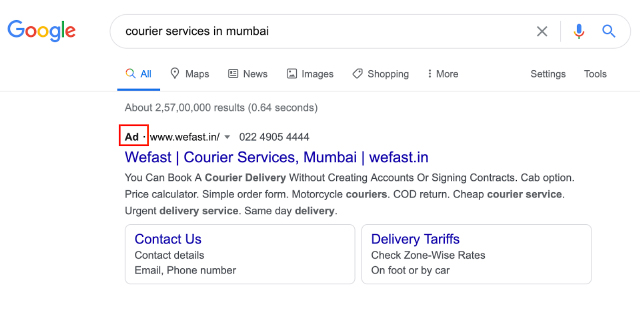 Search results using keywords like ‘courier service in Mumbai’ or ‘best courier services in Mumbai’.